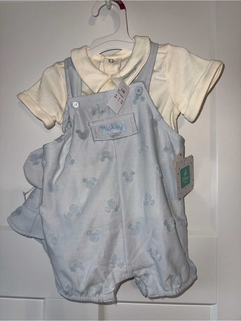 Disney Light Blue Mickey Shortall Set with Cream Polo and hat 3-6M